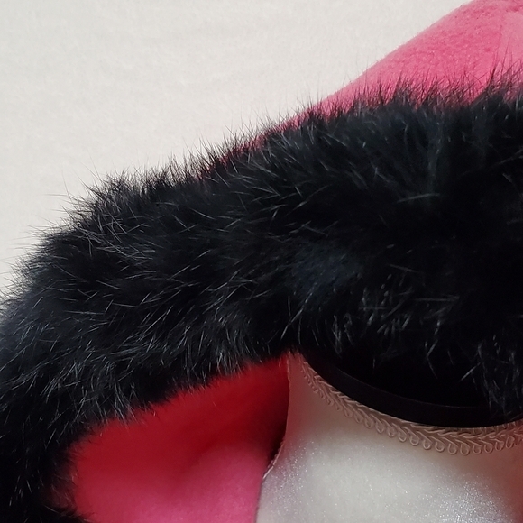VINTAGE OOAK Upcycled Hot Pink Fleece Black Rabbit Fur Trim Full-zip Cardigan - Picture 7 of 16